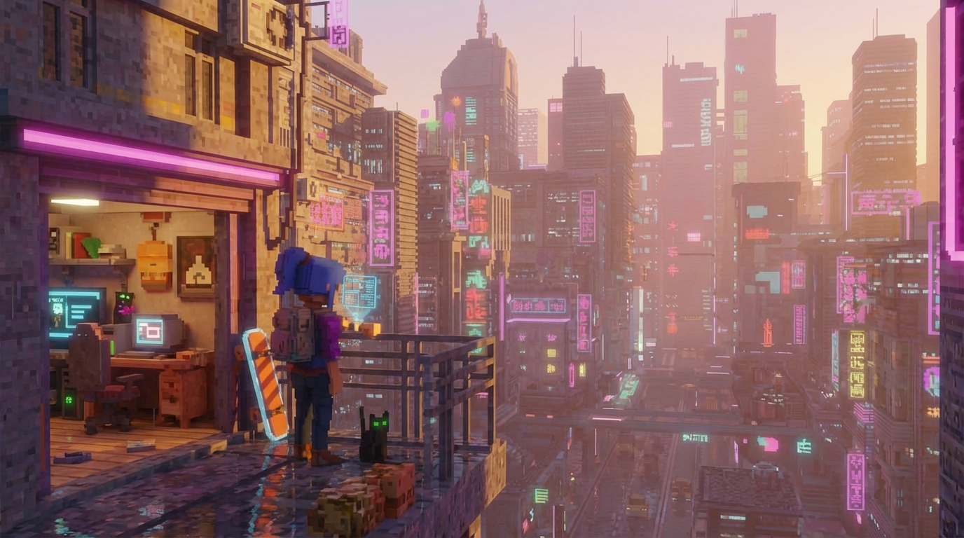Maya's apartment at voxel morning, warm light over the city